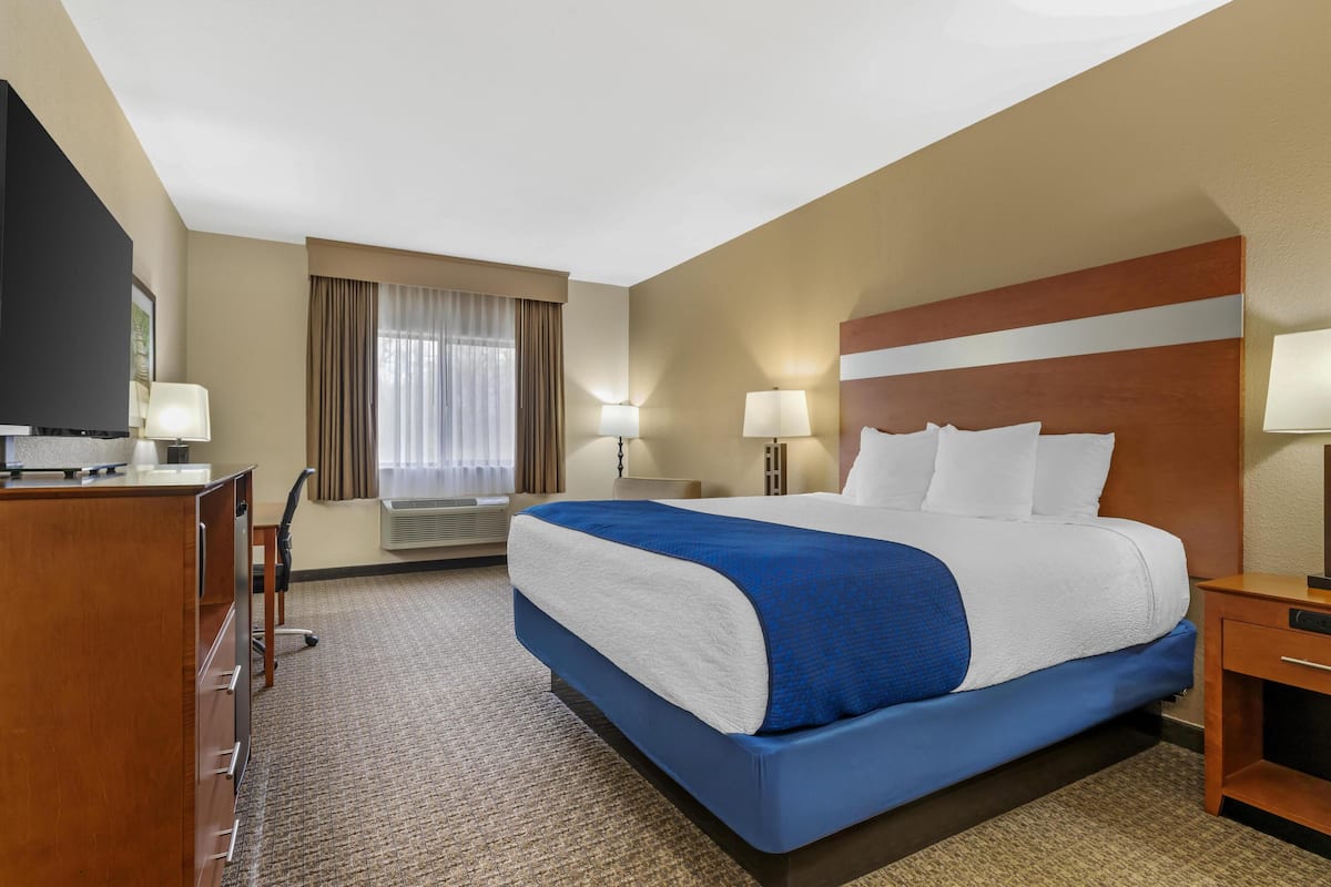 A hotel room with a large bed, a desk, a television, and a window with curtains.