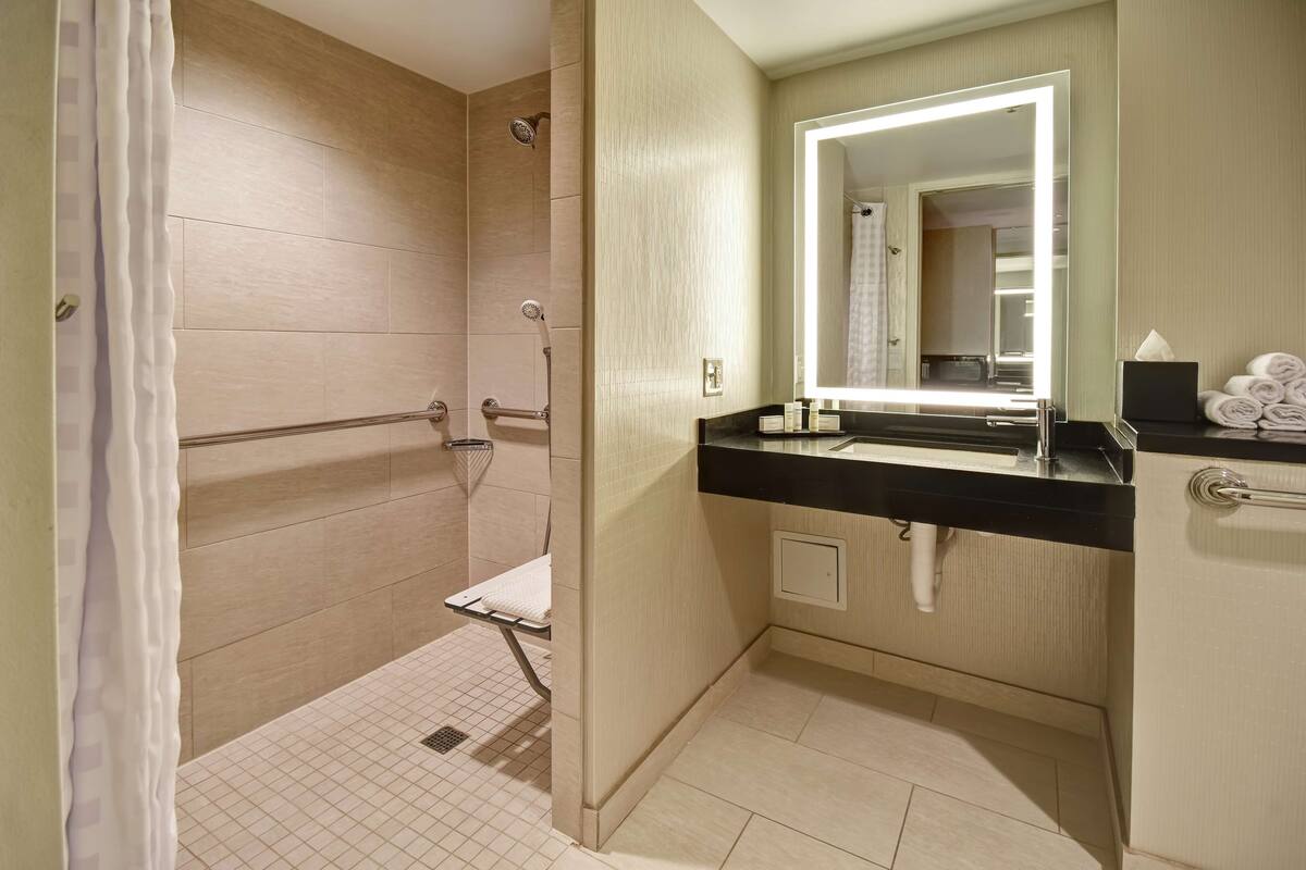 combined shower/bathtub, eco-friendly toiletries, hair dryer, towels