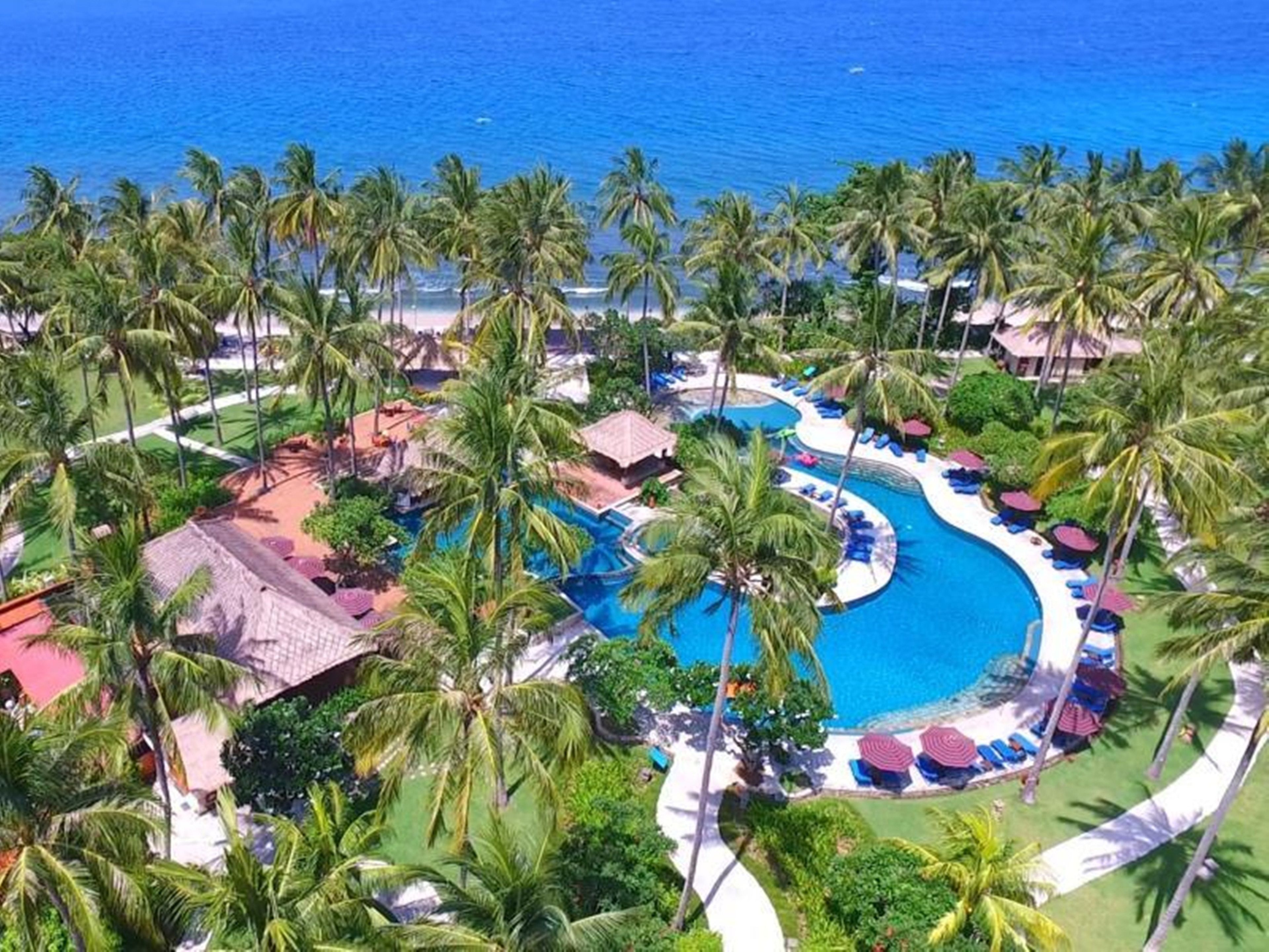 A resort with a central swimming pool, palm trees, and a beach.