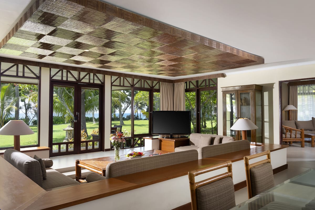 family villa, 2 bedrooms, private pool, beach view | living room | 36-inch lcd tv with cable channels, tv