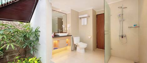 Een moderne badkamer met een glazen douchecabine, toilet en een wastafel met spiegel erboven.