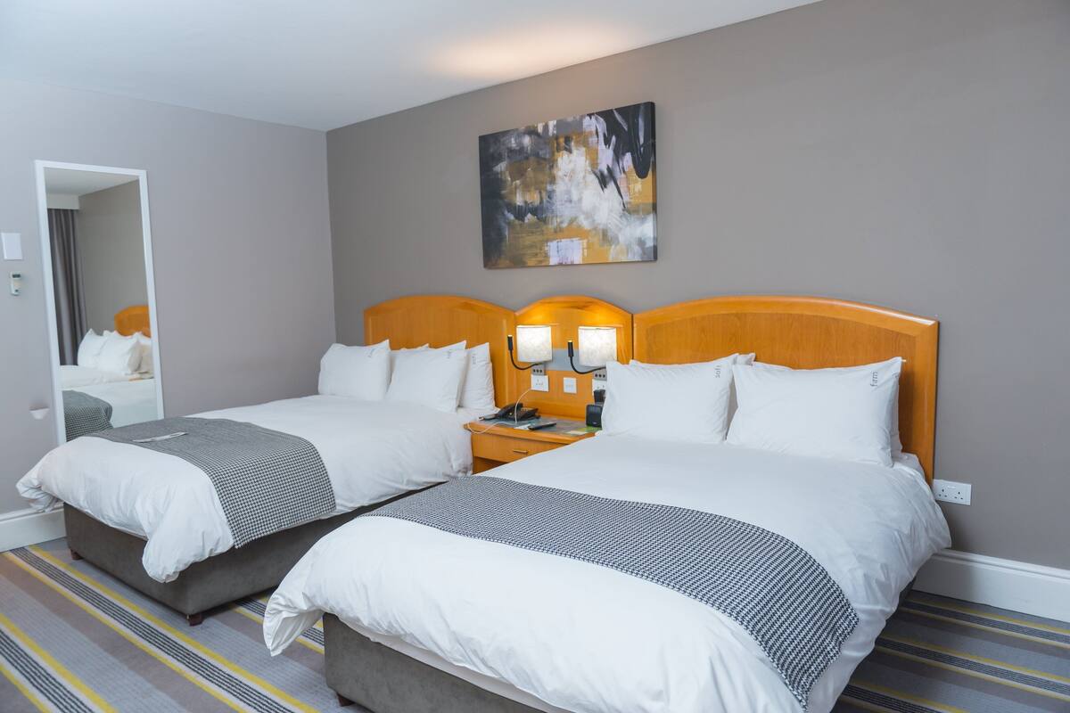 Habitación de hotel con dos camas, un espejo grande y un cuadro en la pared.