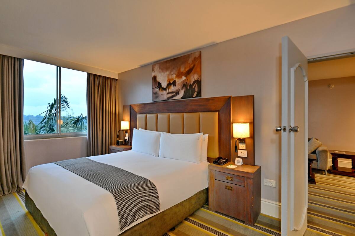 Habitación de hotel con una cama grande, una mesita de noche con lámpara, y vista a palmeras a través de la ventana.