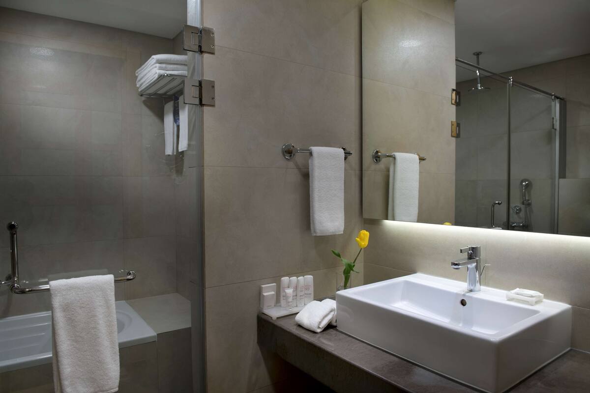 shower, rainfall showerhead, free toiletries, hair dryer