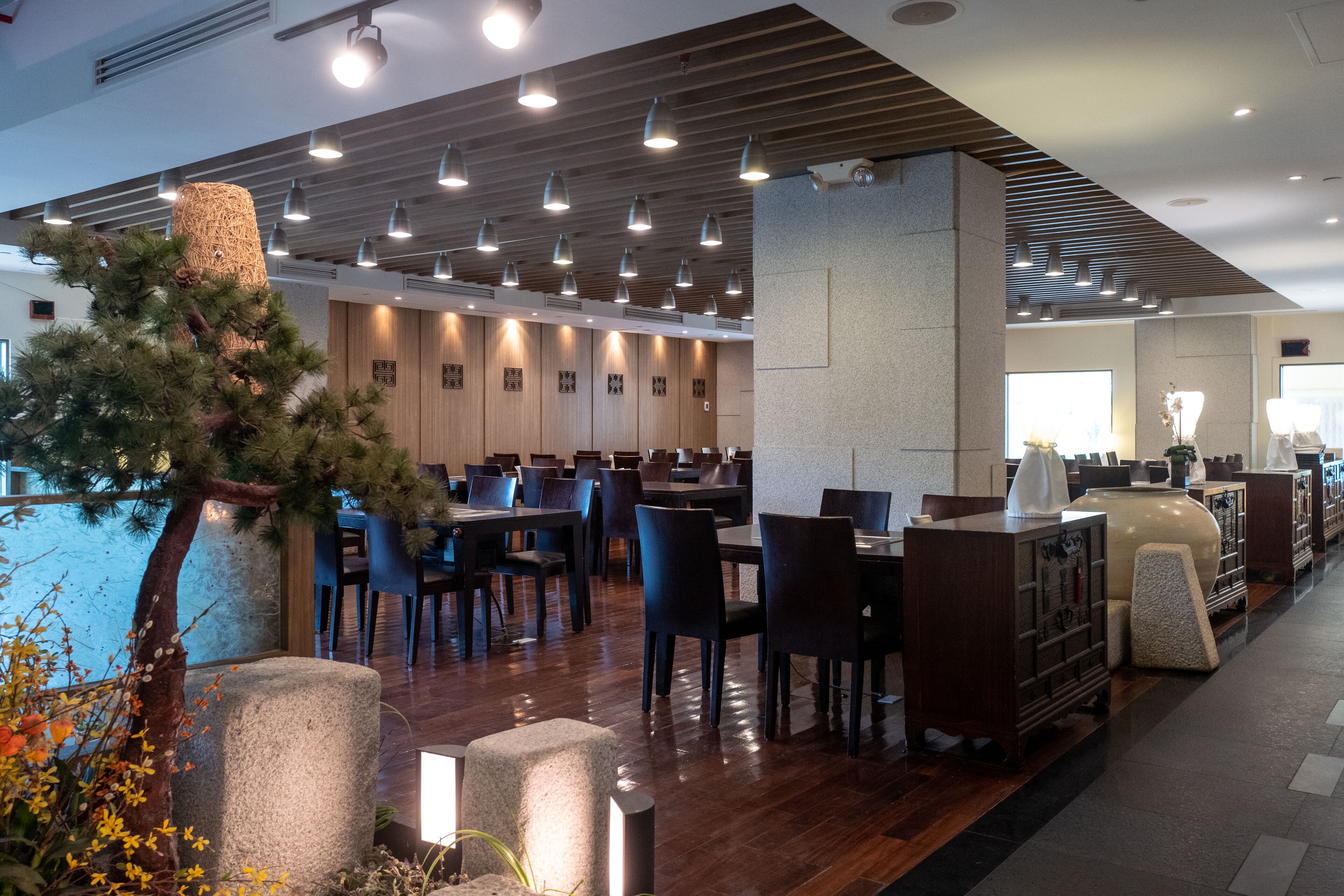 Una hall moderna di un hotel, con pannelli in legno, diverse zone relax e un albero decorativo.