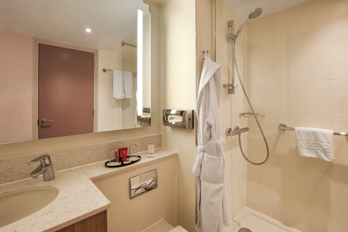 shower, free toiletries, hair dryer, towels