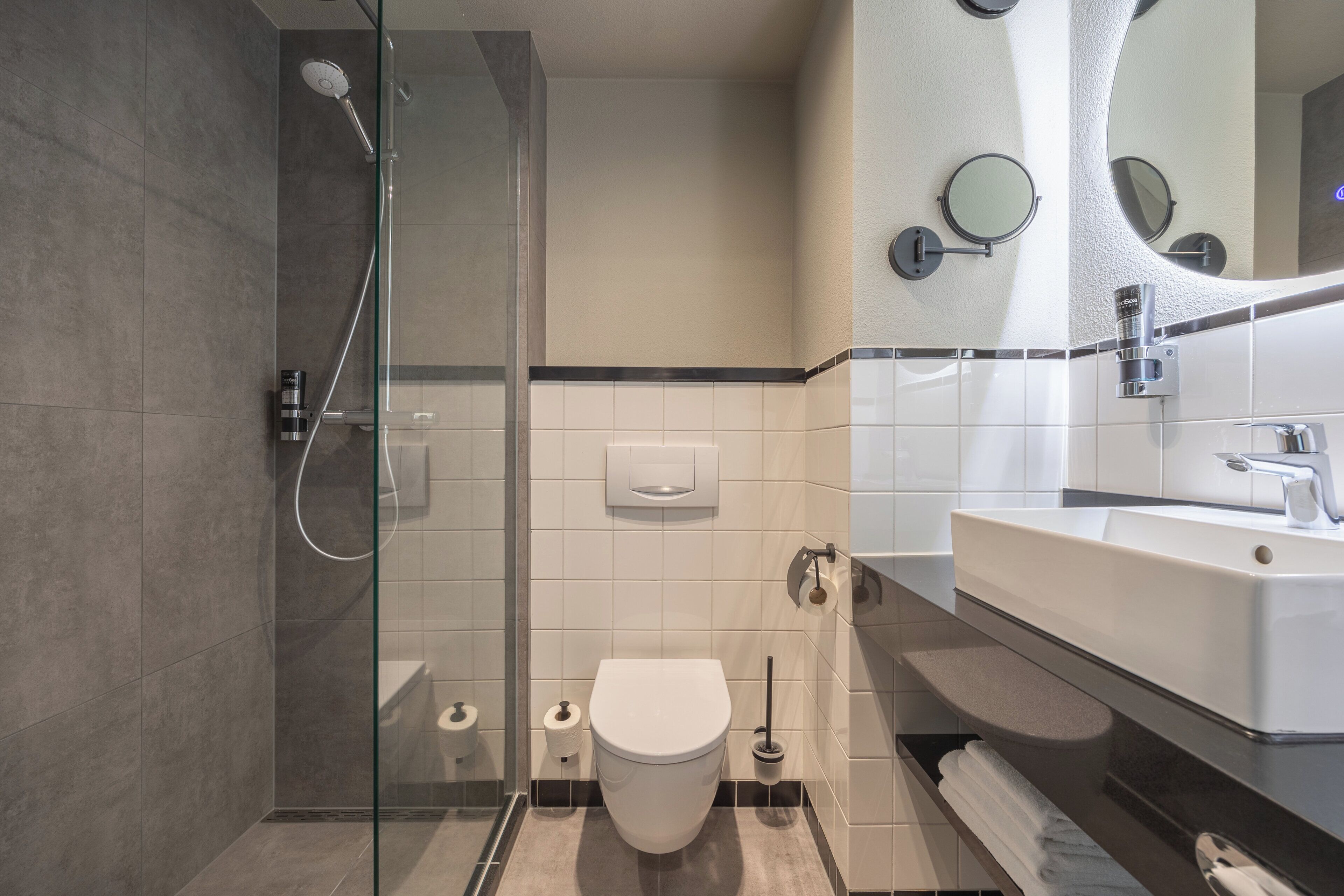 A modern bathroom with a glass-enclosed shower, a white toilet, and a sink with a mirror above it.
