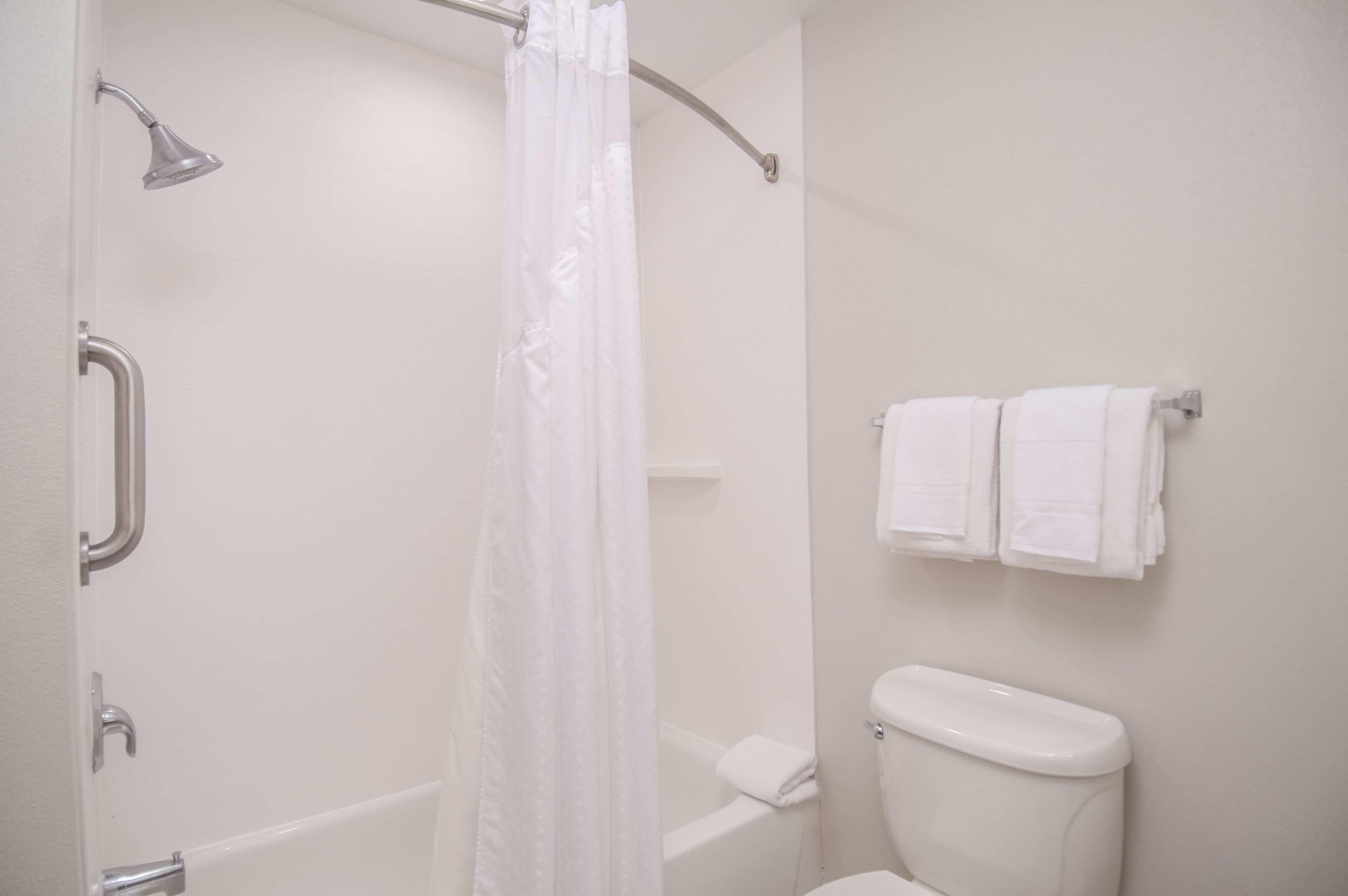 A bathroom with a shower, a toilet, and a towel rack.