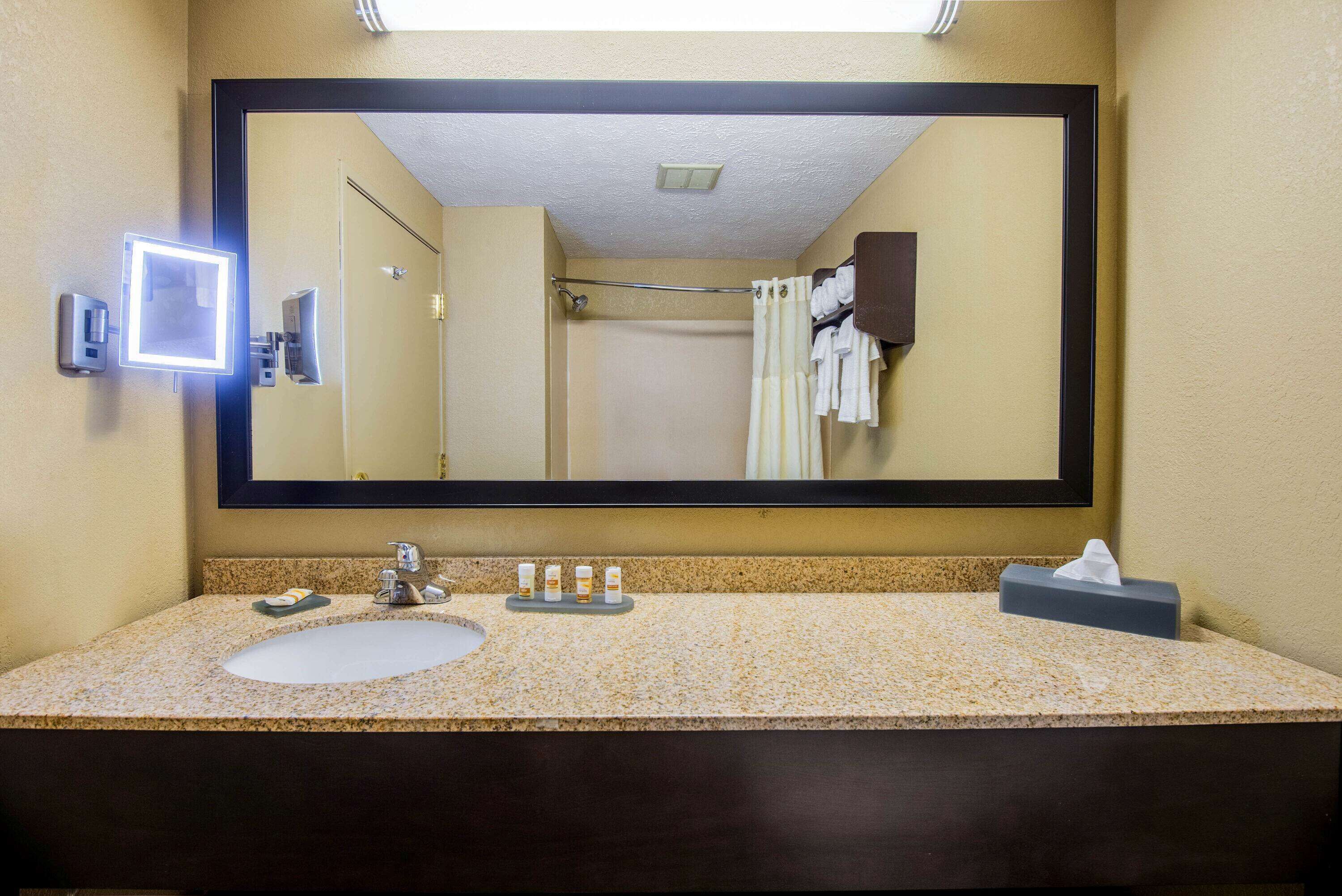 combined shower/bathtub, free toiletries, hair dryer, towels