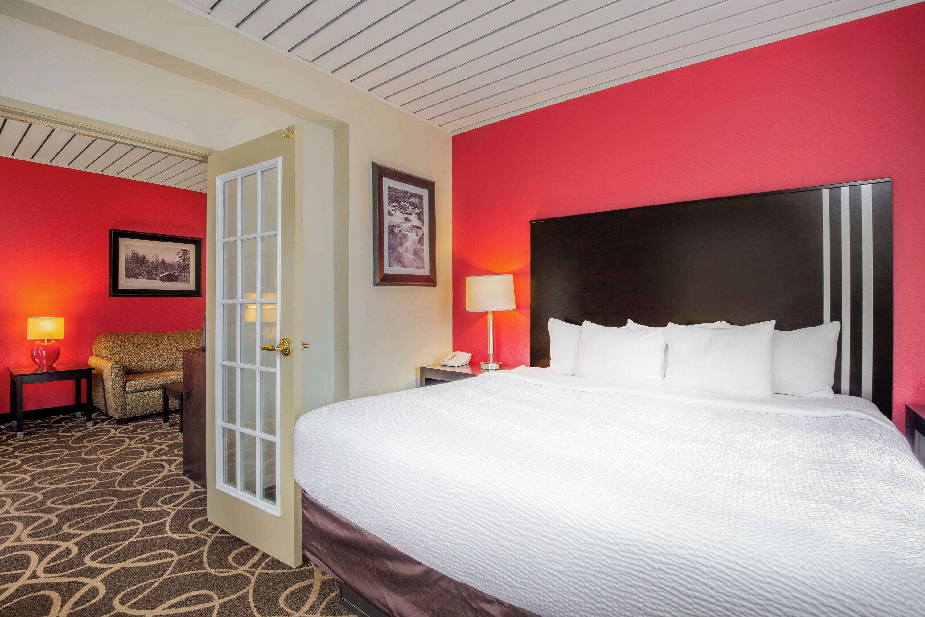 A hotel room with a large bed, a door, a nightstand with a lamp, a chair, and a framed picture on the wall.