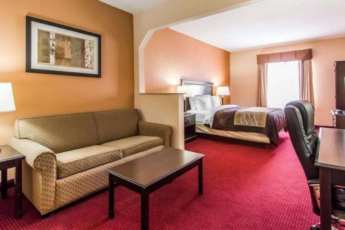 A hotel room with a sofa, a bed, a desk, a chair, and a framed picture on the wall.