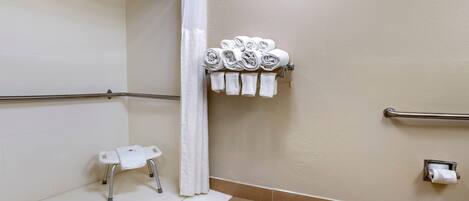 Un baño con ducha, un pasamanos, un perchero con toallas, un dispensador de papel higiénico y un banco blanco.