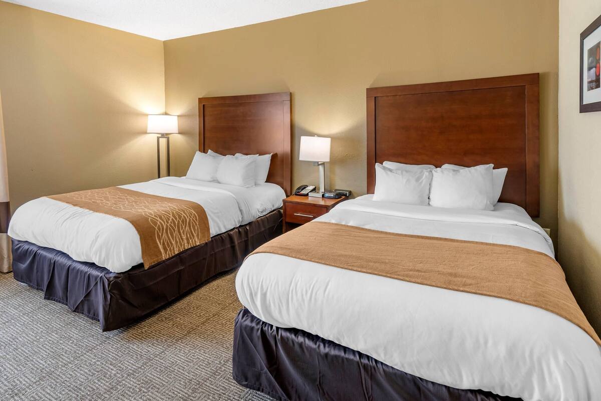 A hotel room with two beds, each with a wooden headboard, white bedding, and a brown throw blanket. There is a nightstand with a lamp and a phone between the beds.