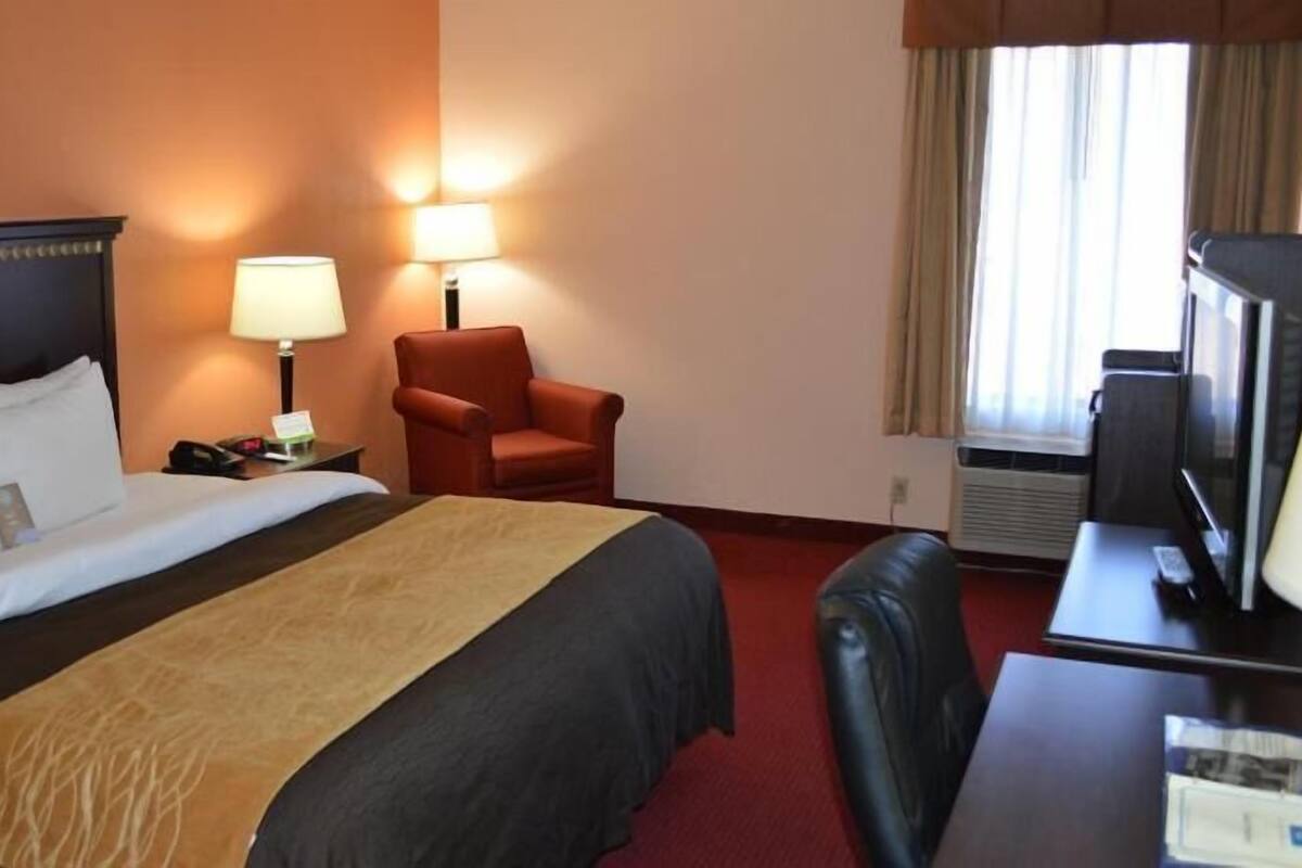 A hotel room with a bed, a desk with a television, a chair, and two lamps.