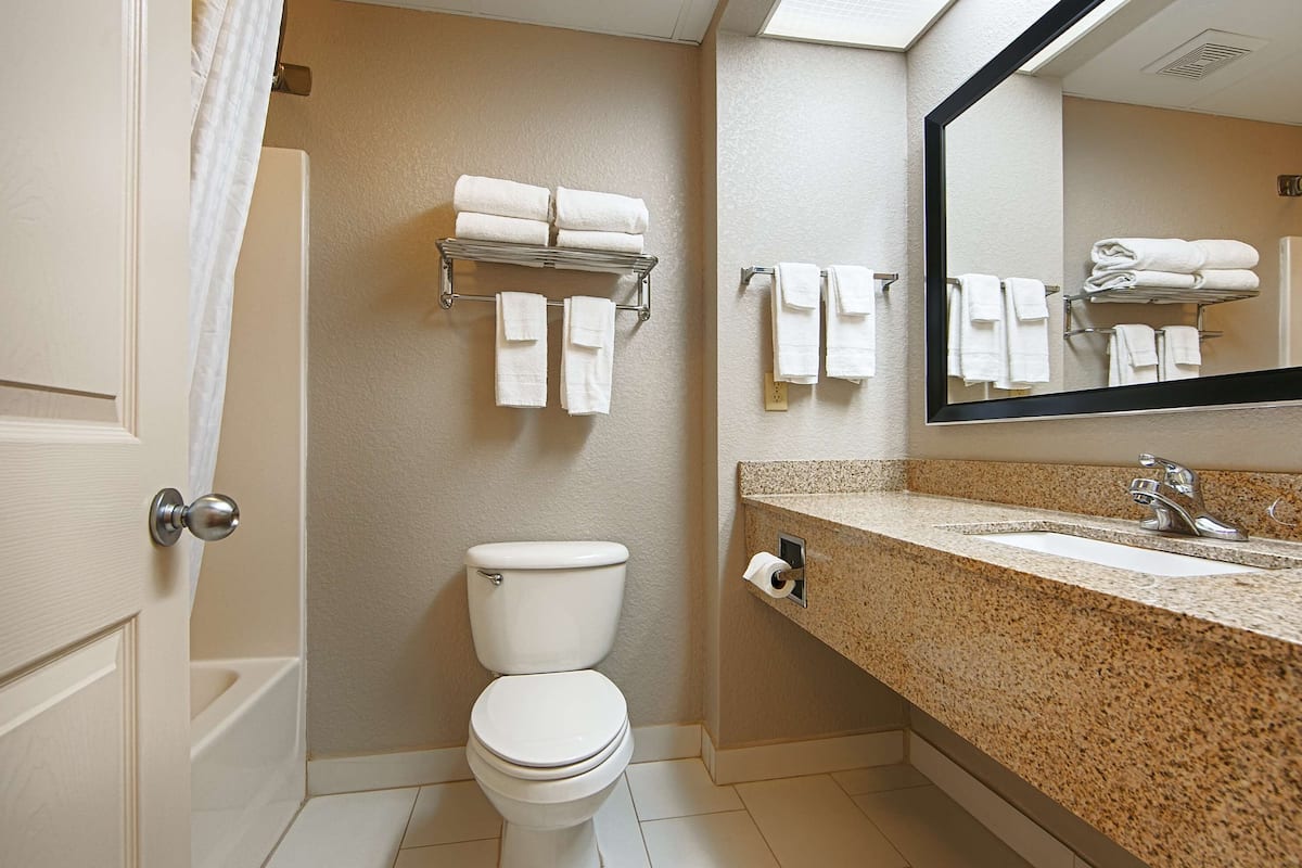 combined shower/bathtub, hydromassage showerhead, free toiletries