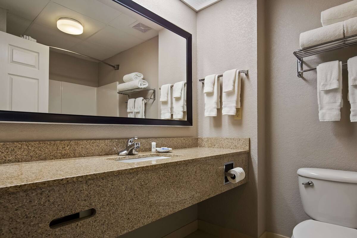 combined shower/bathtub, hydromassage showerhead, free toiletries