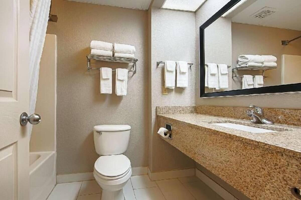 A bathroom with a toilet, a sink, a mirror, and towels on a rack.