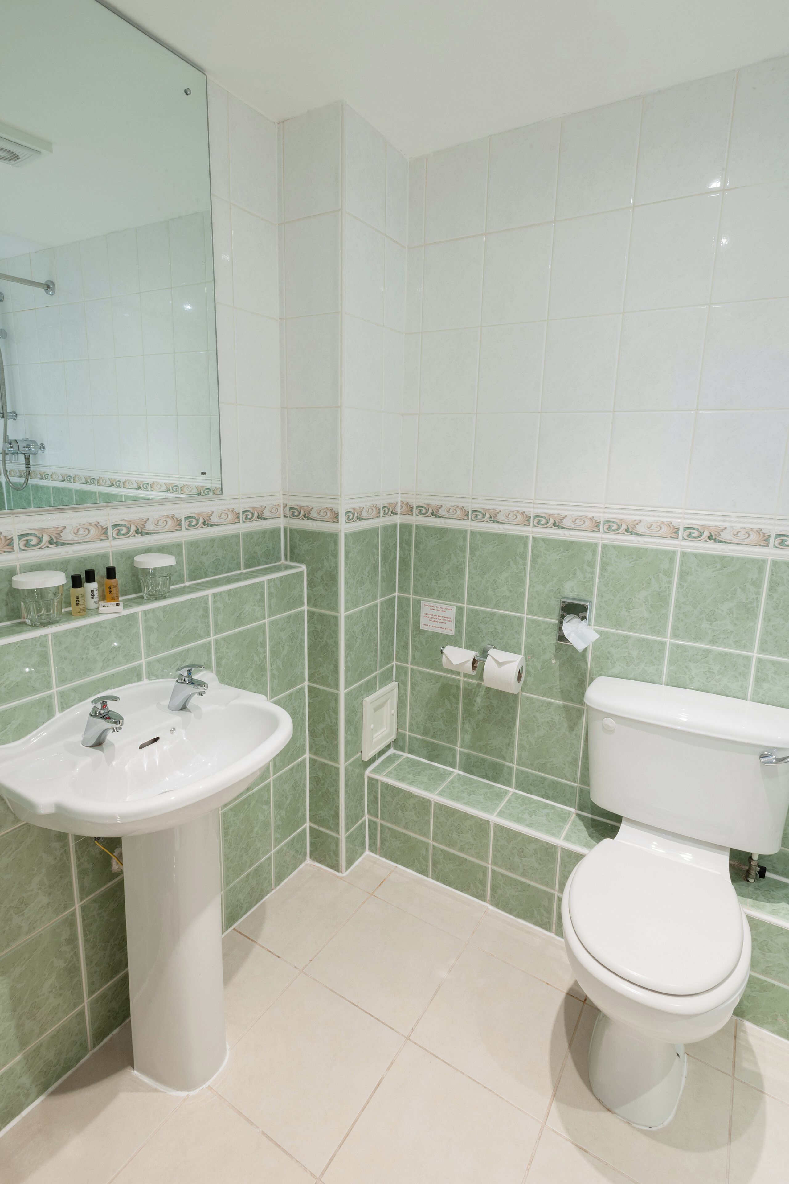 Une salle de bain avec un lavabo, des toilettes et un miroir.