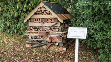 A wooden birdhouse with a sign stating "BUG HOTEL NO VACANCIES."