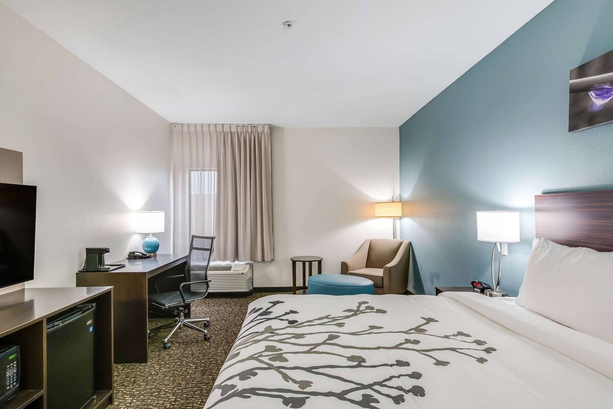A hotel room with a bed, desk, chair, TV, and two lamps.