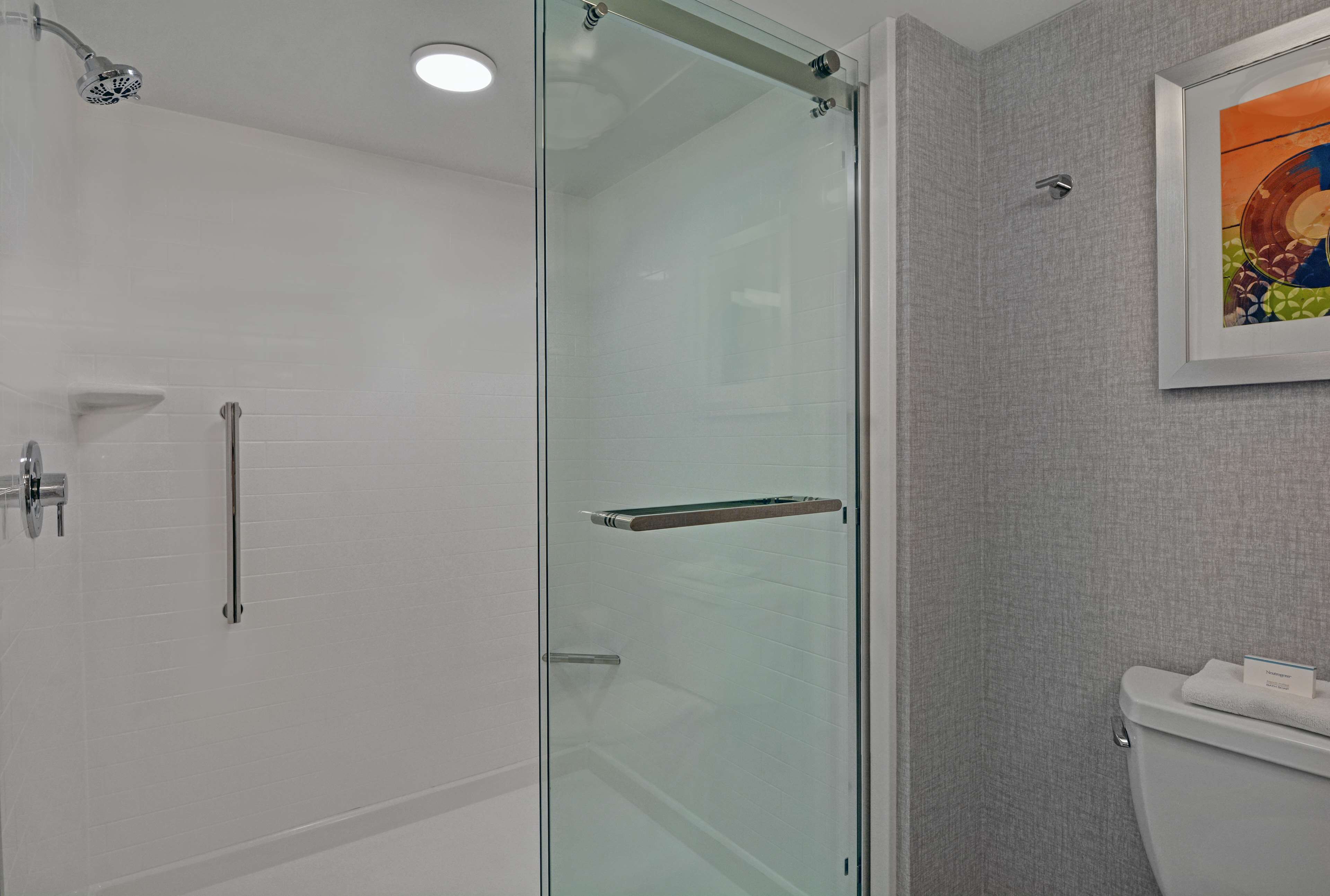 A modern bathroom with a glass-enclosed shower, a white toilet, and a framed artwork on the wall.