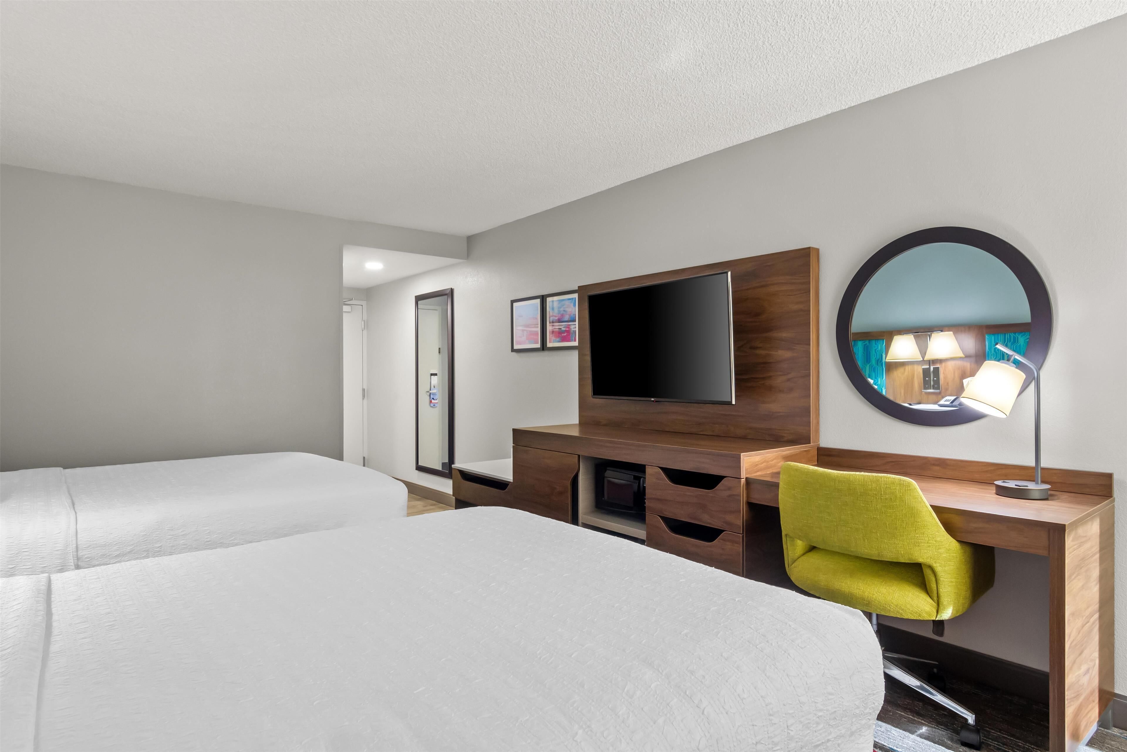 room, 2 queen beds, non smoking, refrigerator & microwave | desk, blackout curtains, iron/ironing board, free wifi