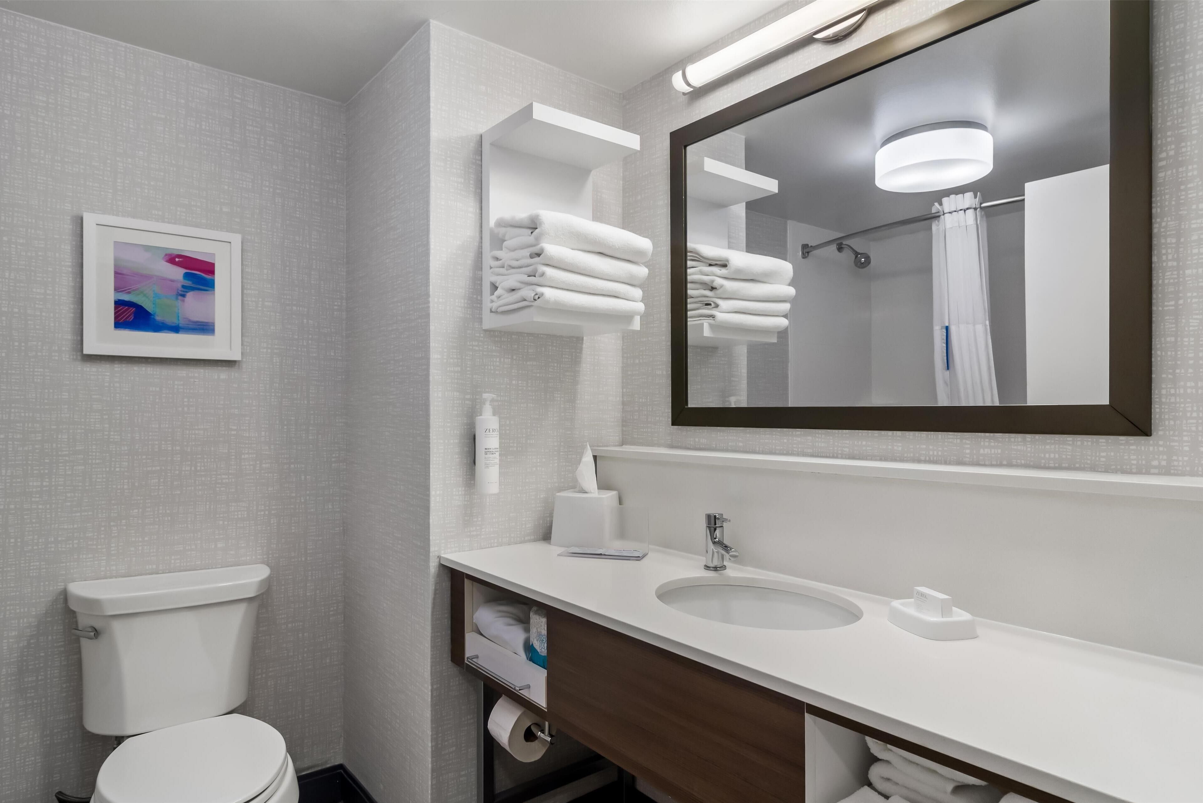 combined shower/bathtub, free toiletries, hair dryer, towels