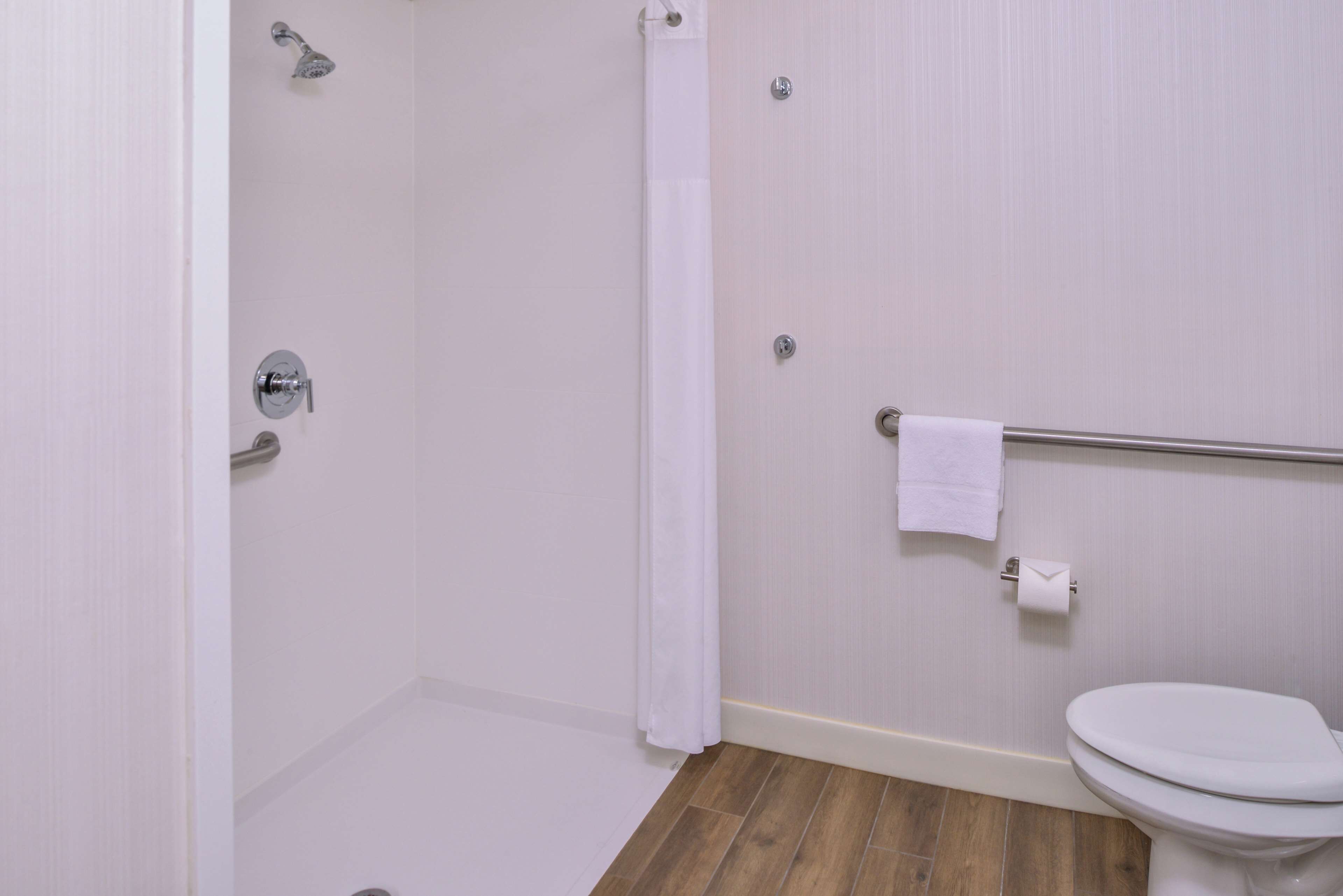 A bathroom with a shower, toilet, and a towel rack.