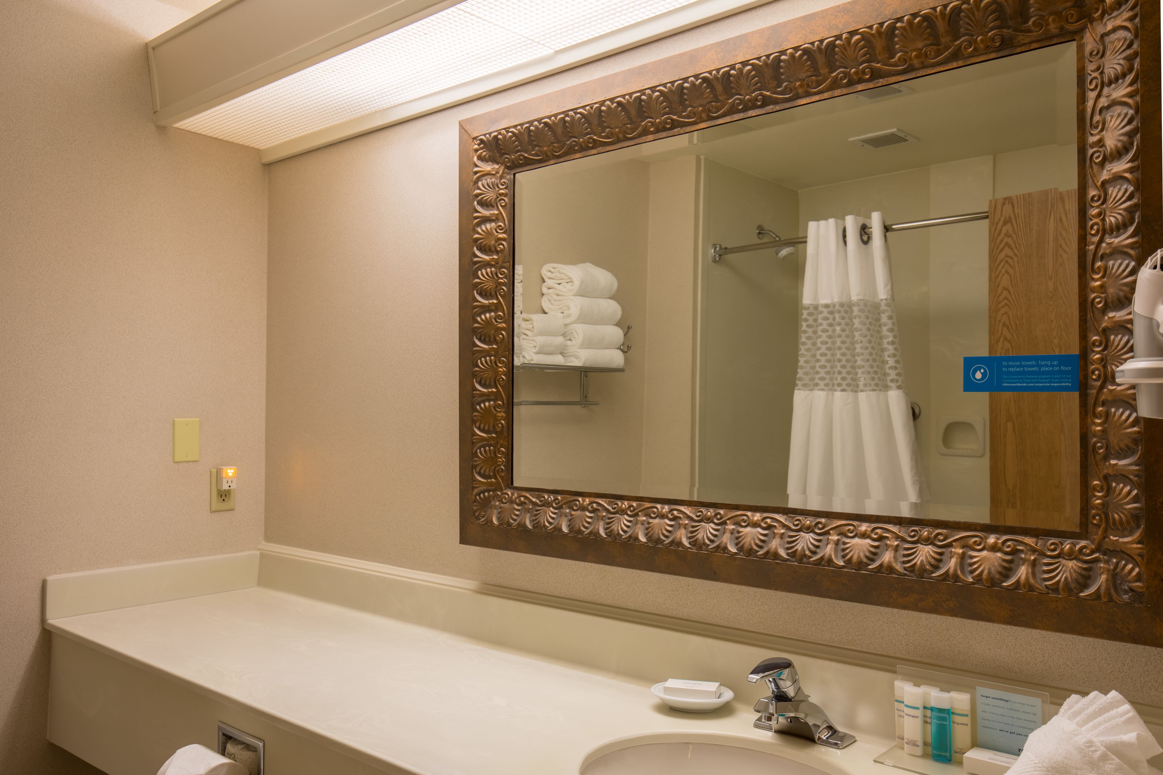 combined shower/bathtub, free toiletries, towels