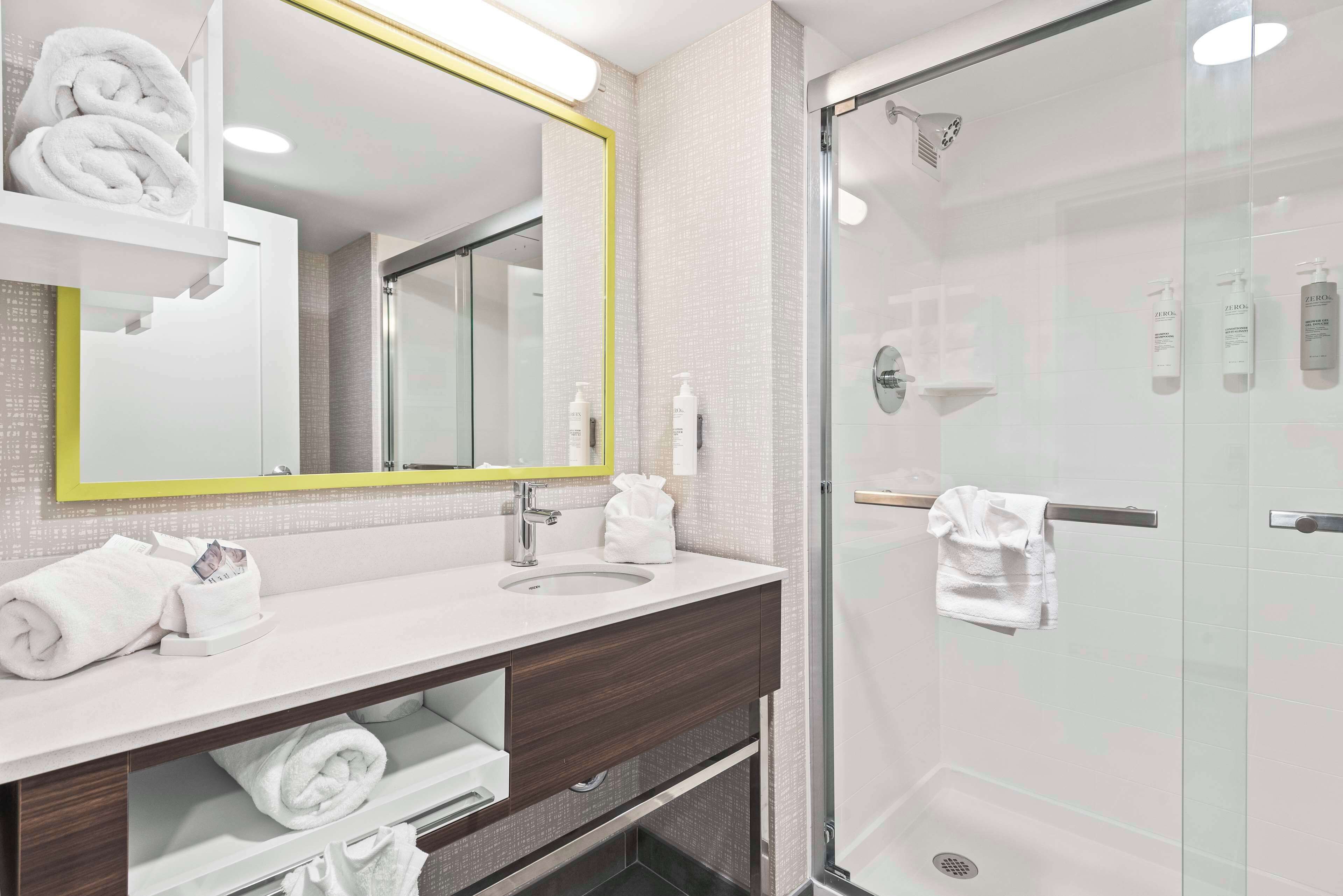 two double beds | bathroom | shower, free toiletries, hair dryer, towels