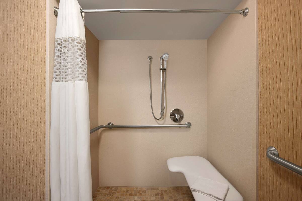 combined shower/bathtub, free toiletries, hair dryer, towels
