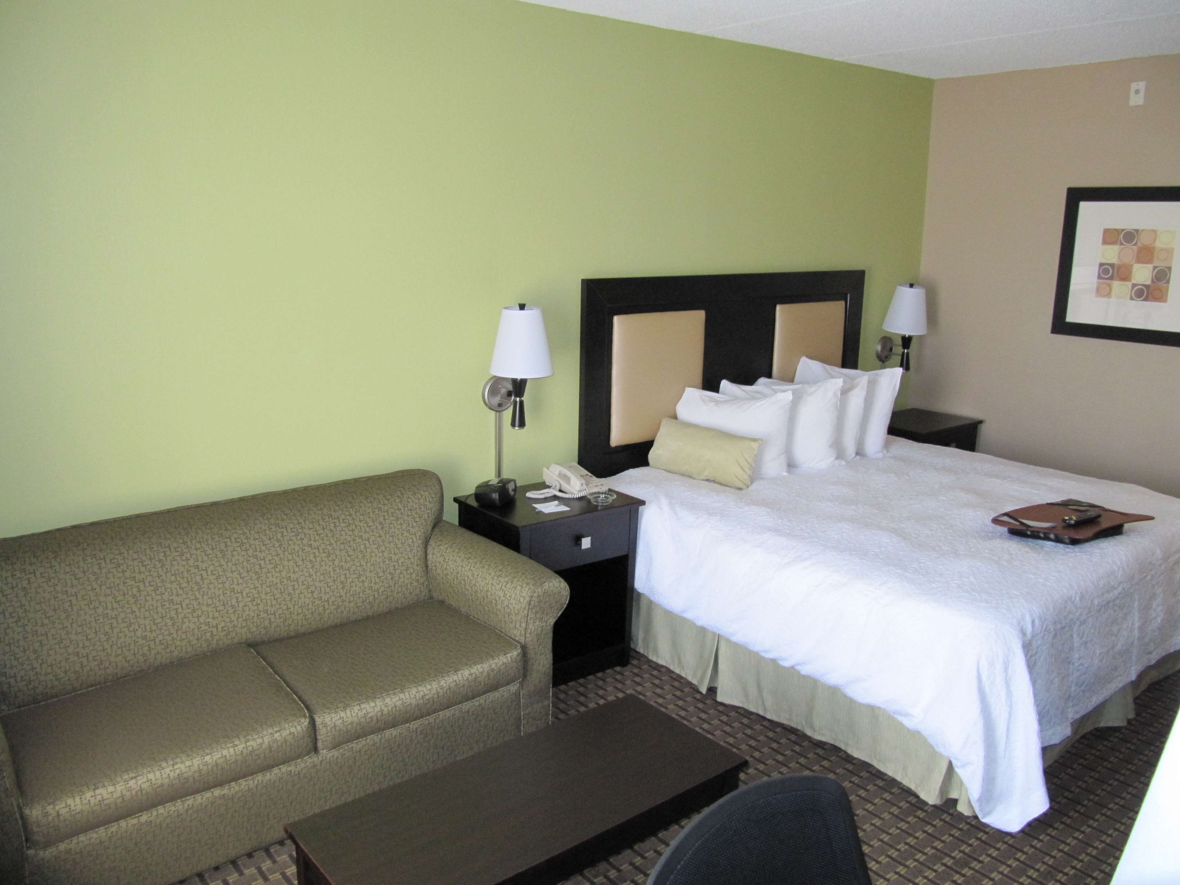 A hotel room with a bed, a sofa, a nightstand, a lamp, and a framed picture on the wall.