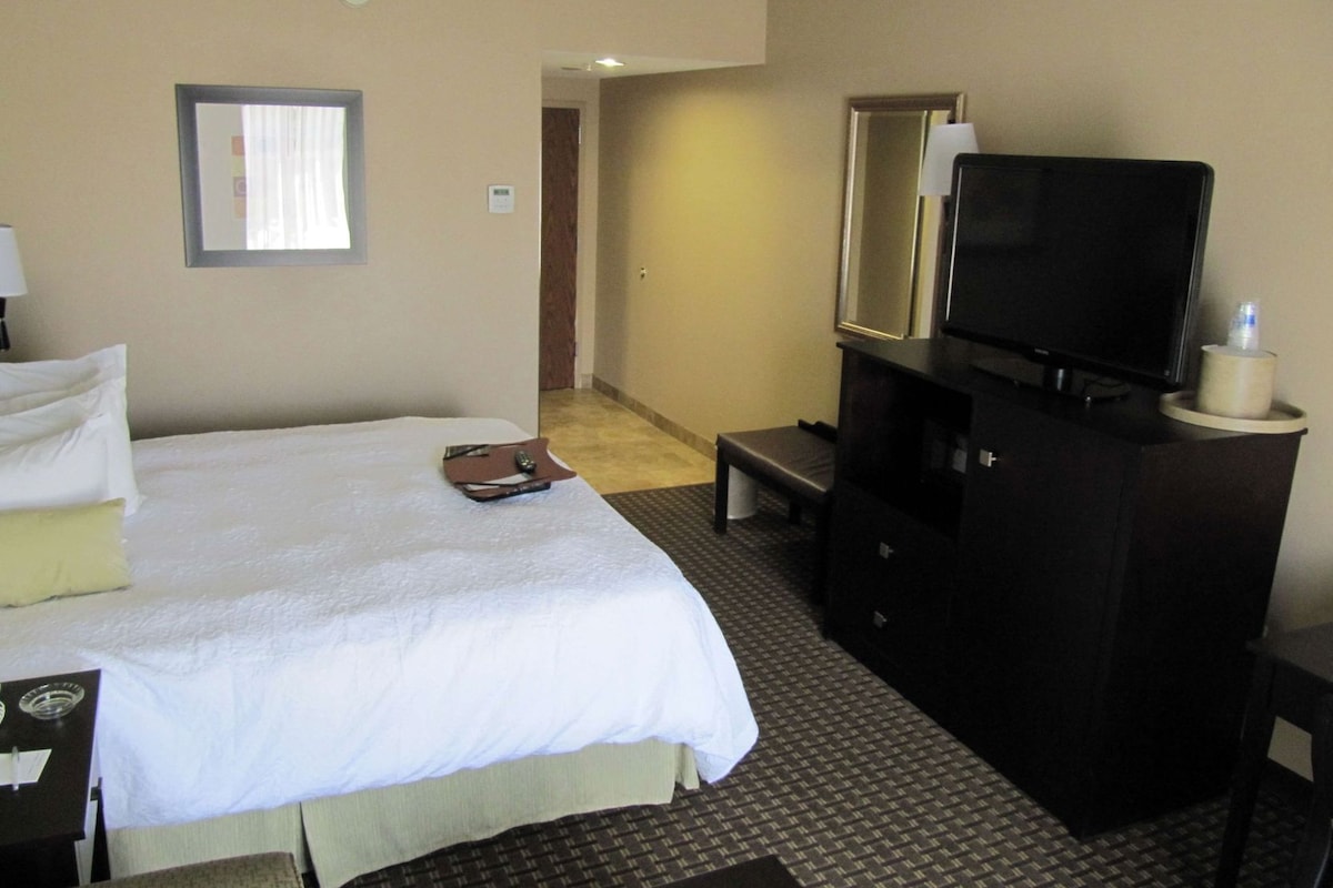 Una habitación de hotel con una cama, un escritorio, un televisor y un espejo.