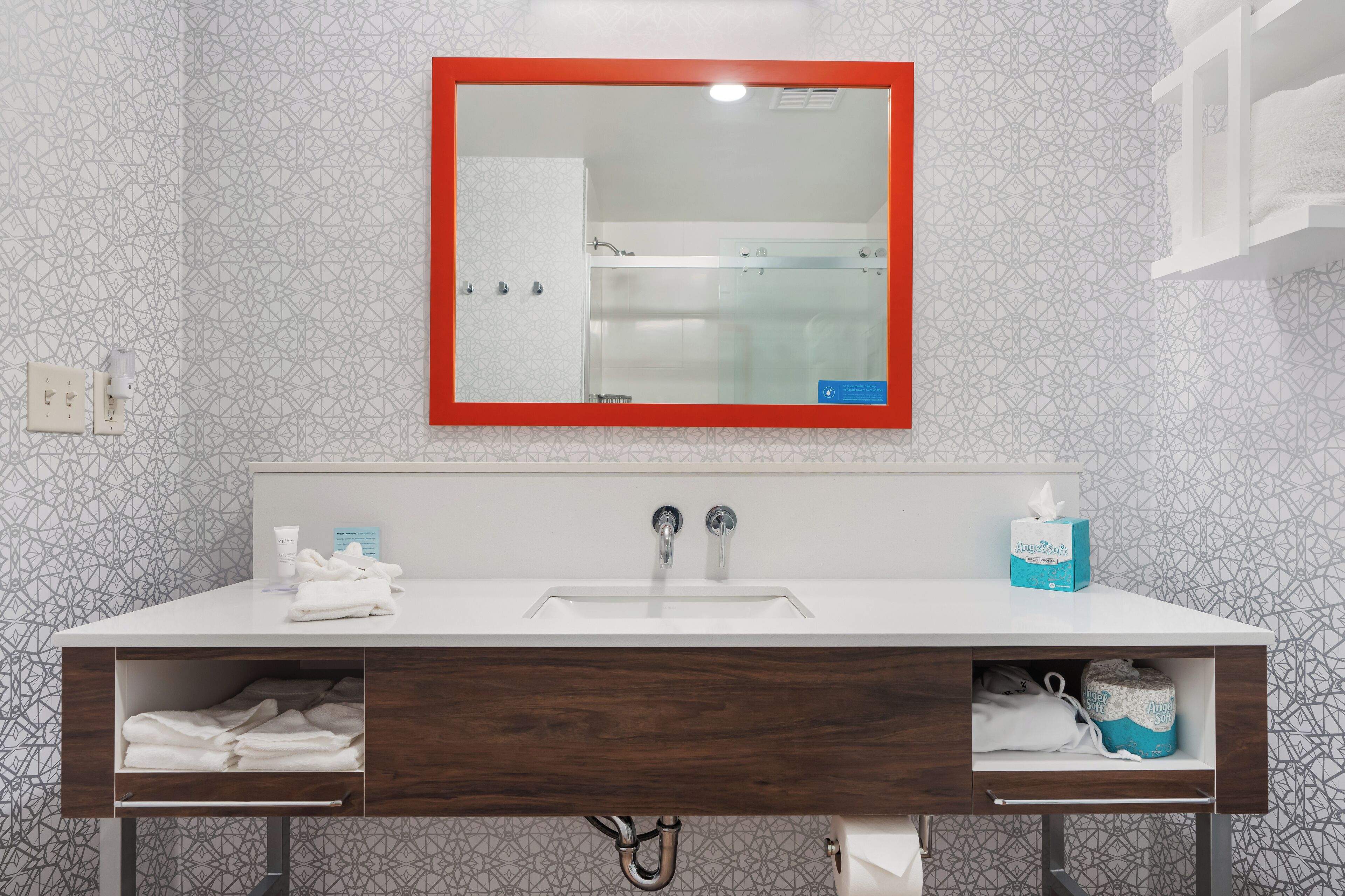 hair dryer, towels, soap, shampoo