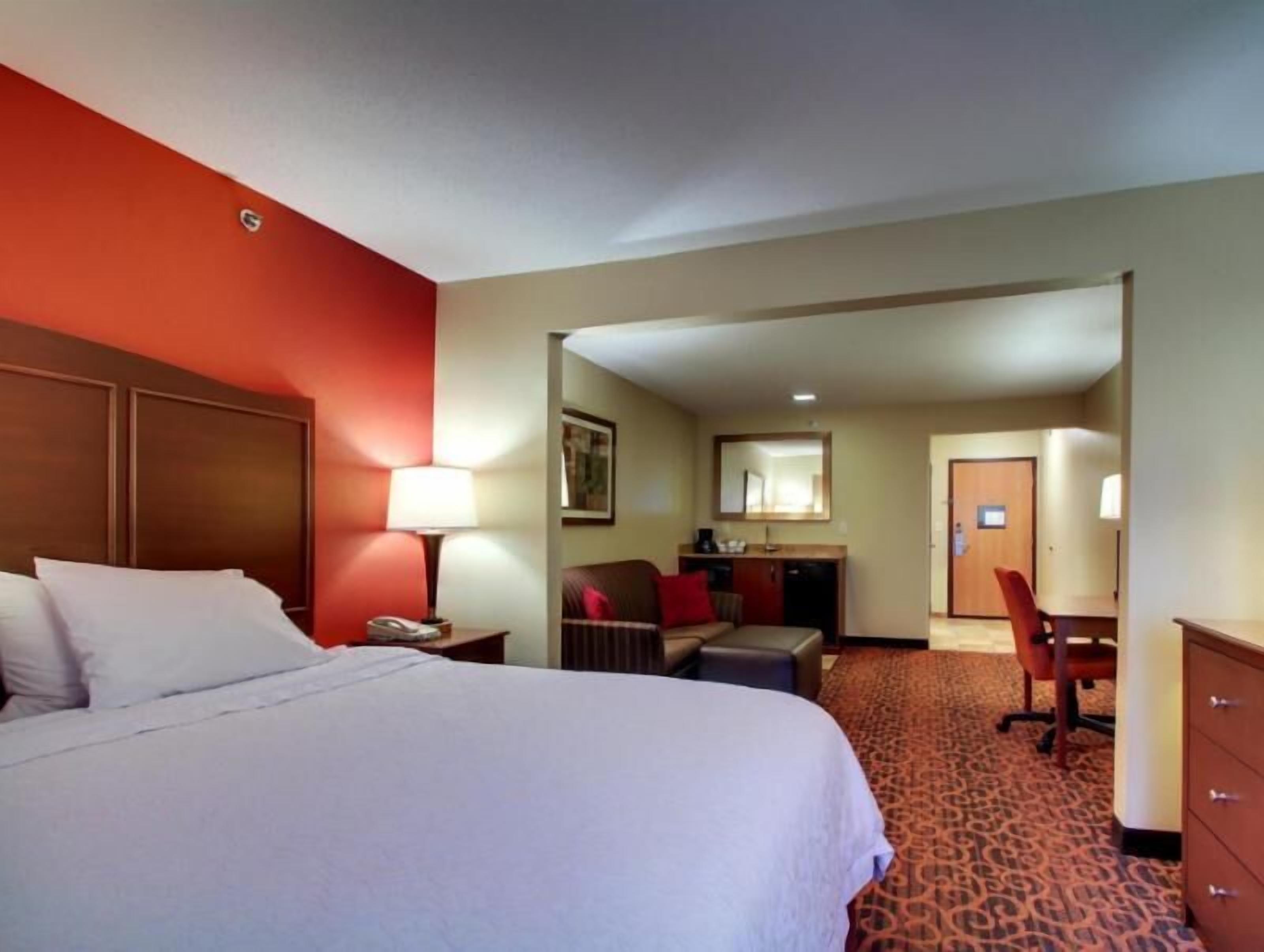 Desk, laptop workspace, blackout curtains, iron/ironing board