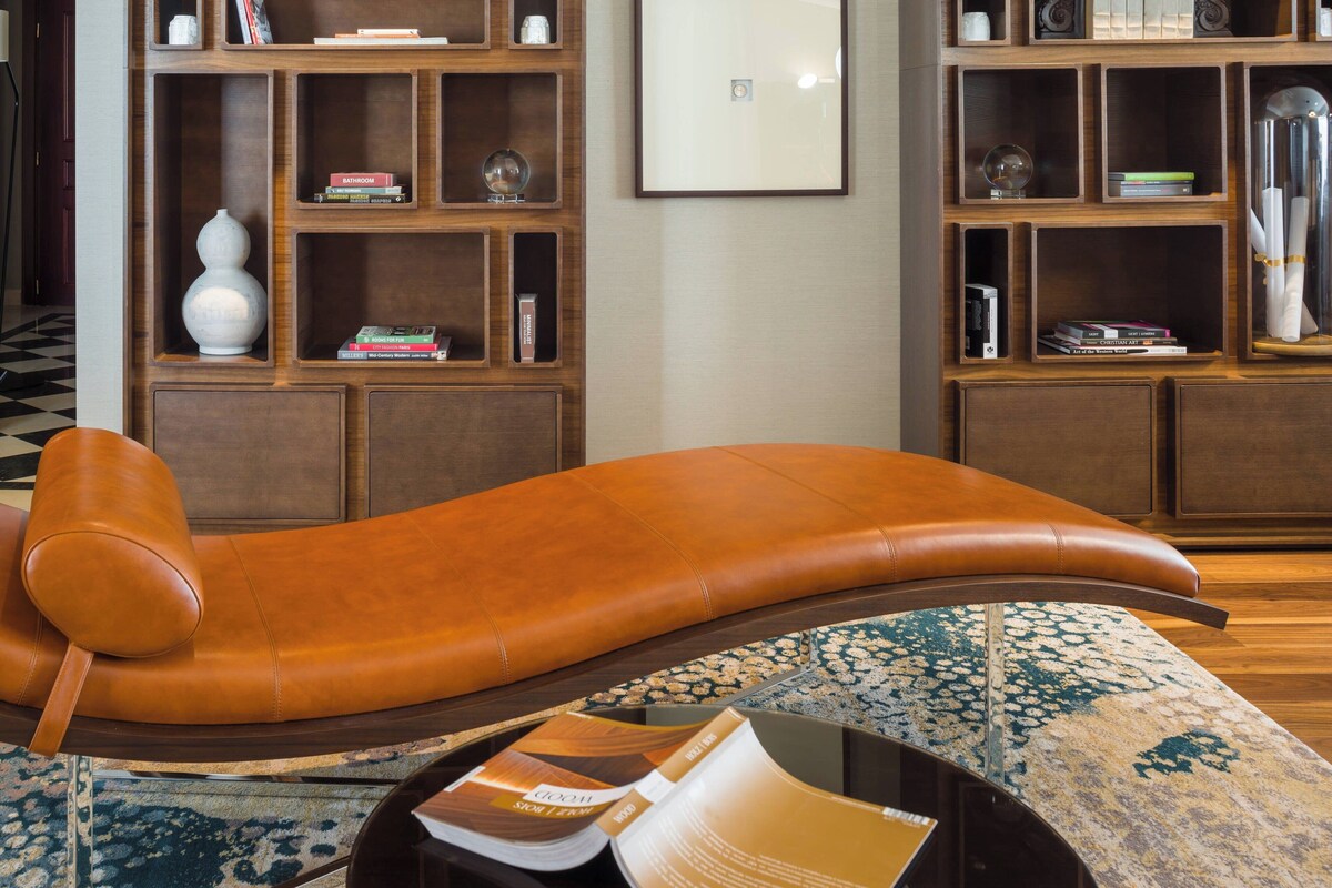 Un espace détente avec un canapé en cuir aux lignes courbes, un tapis à motifs et une bibliothèque contenant divers livres et objets décoratifs.
