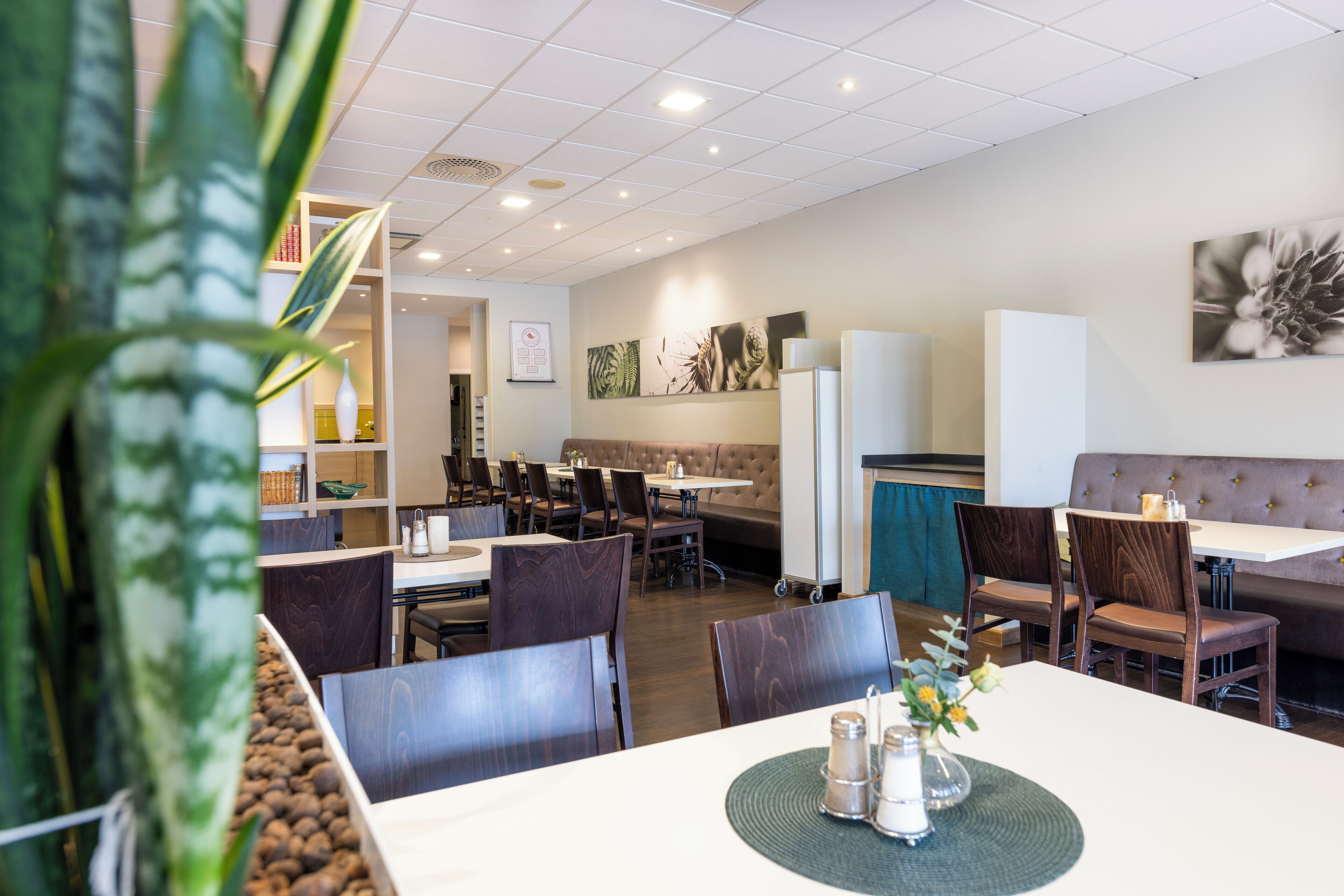 A modern restaurant with multiple dining areas, including booths and tables, and a variety of seating options.