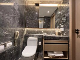 A modern bathroom with a toilet, sink, and mirror.