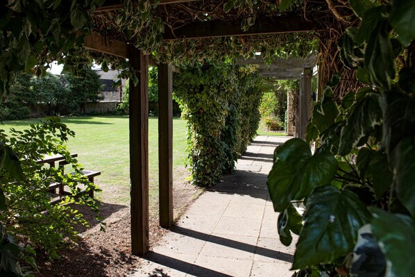 A covered garden pathway with a wooden bench and lush greenery.