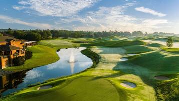 Surrounded by a serene water feature and lush greenery, this golf course offers a tranquil escape.