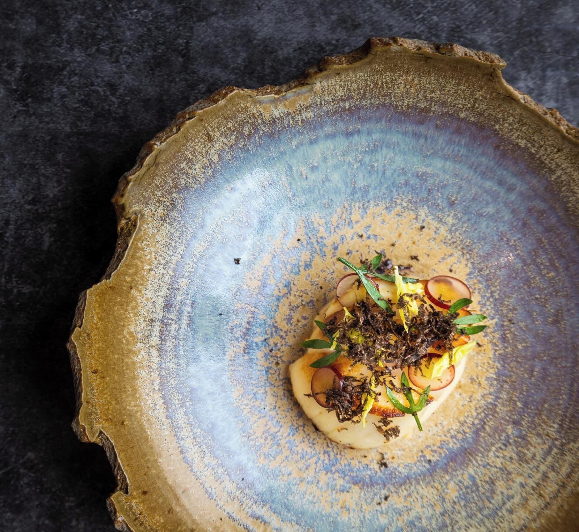 Un plato con diversos ingredientes sobre una superficie texturizada.