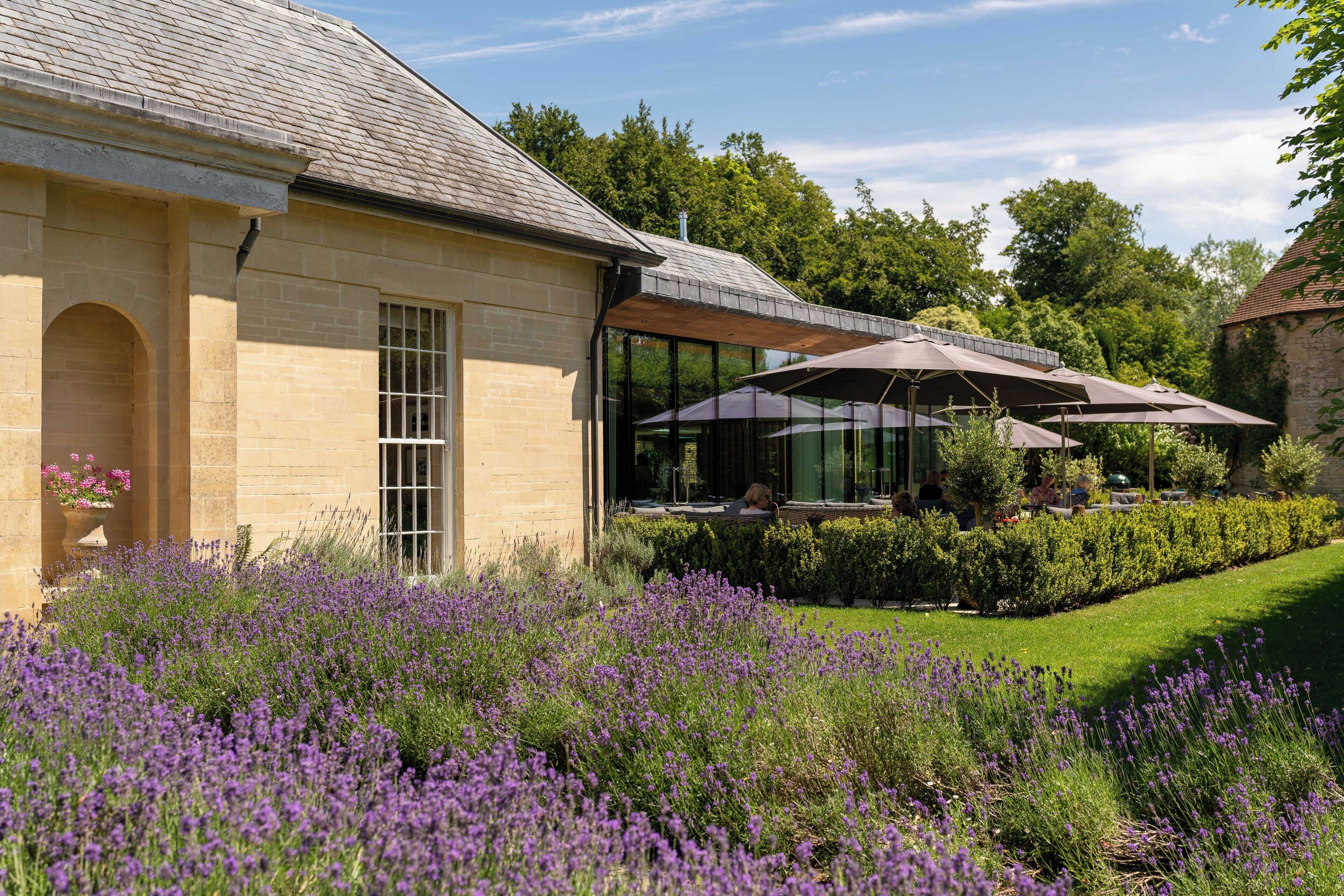 A building with a stone facade, large windows, and a garden with purple flowers.