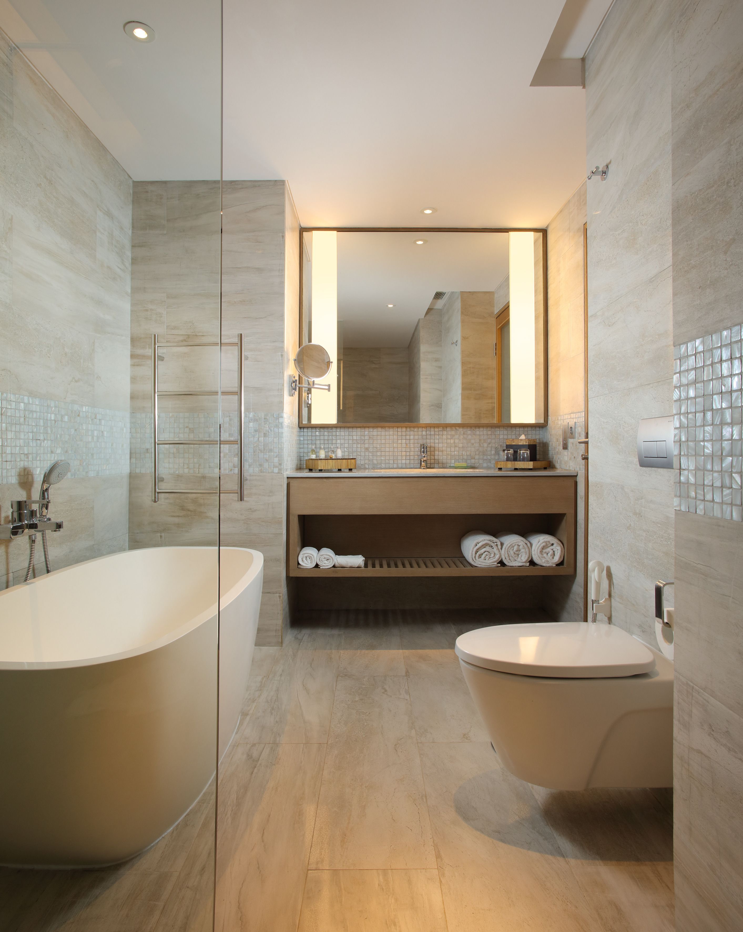 combined shower/bathtub, free toiletries, hair dryer, bathrobes