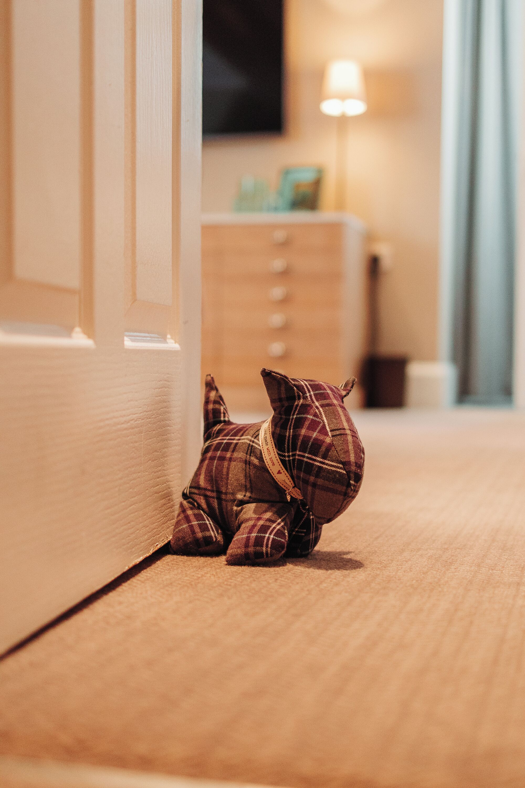Un gato de peluche sobre un piso de madera cerca de una puerta.