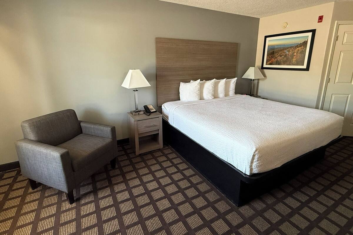 Une chambre d’hôtel avec un lit, une chaise, une table de chevet avec une lampe et un tableau au mur.