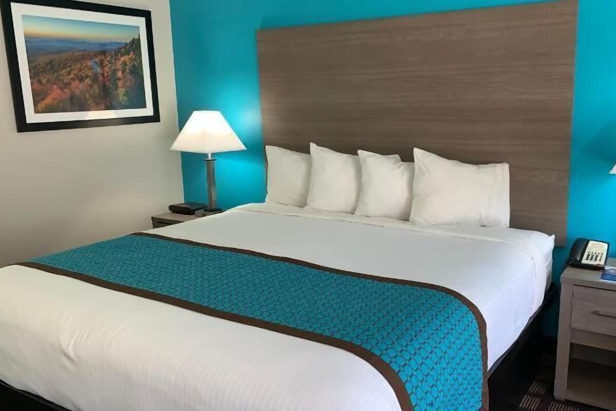 A hotel room with a large bed, two bedside tables, a nightstand, a framed picture on the wall, and a blue accent wall.