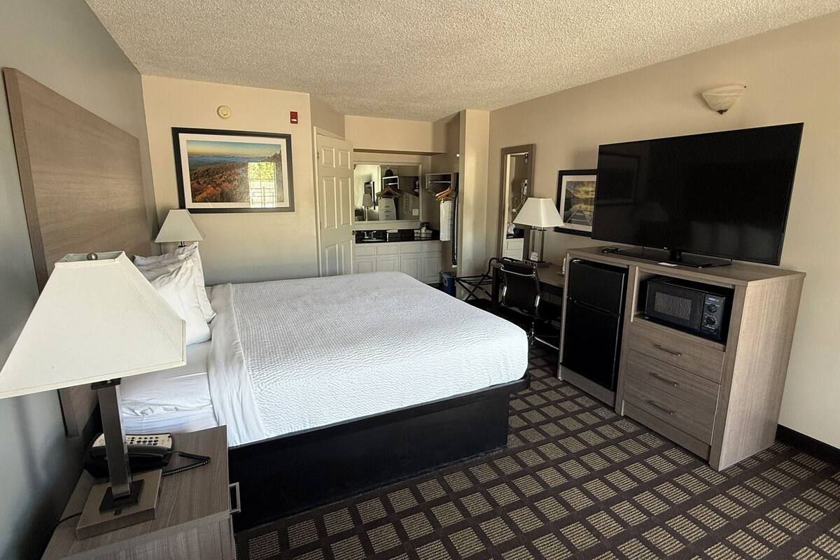Une chambre d’hôtel équipée d’un lit, d’un bureau, d’une télévision, d’un four à micro-ondes et d’une salle de bain visible à travers une porte ouverte.