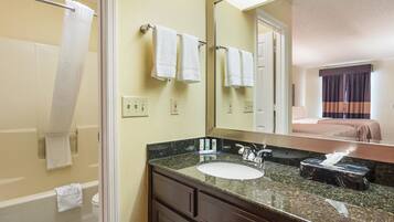 Separate tub and shower, hair dryer, towels