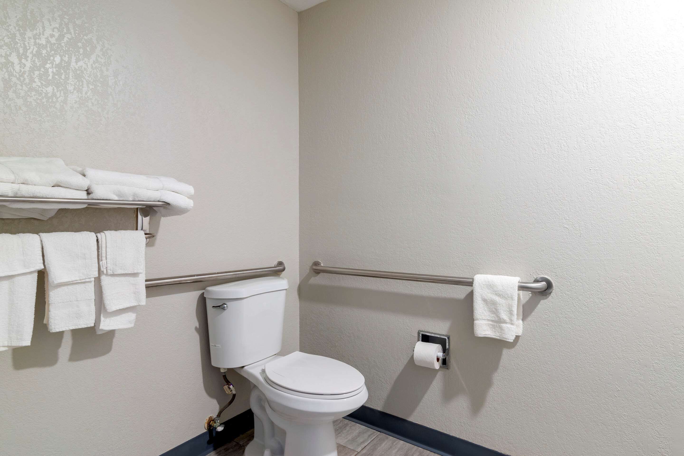 A bathroom with a toilet, a towel rack, and a handrail.