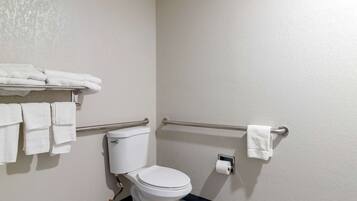 A bathroom with a toilet, a towel rack, and a handrail.